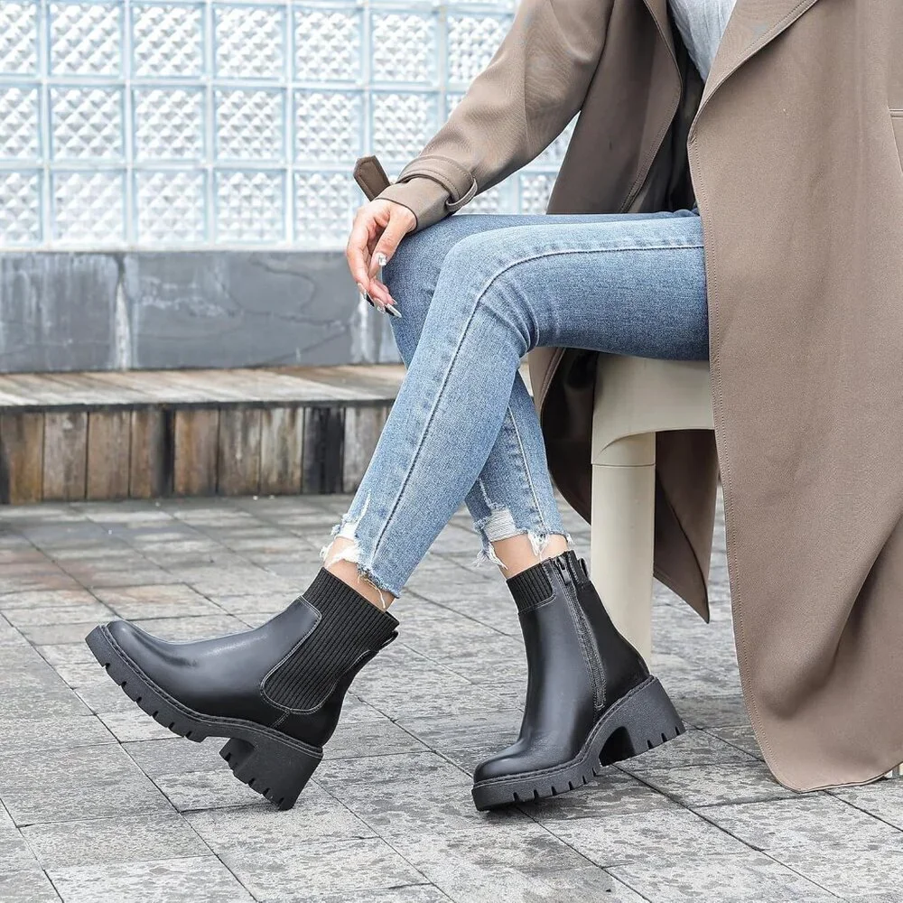 Women's Black Platform Chelsea Boots Lug Sole Chunky Heel Zipper Slip On